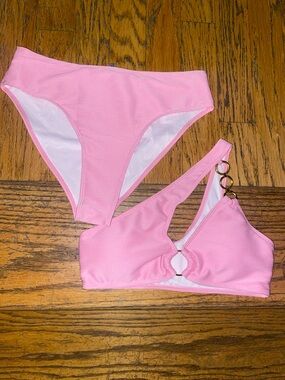 Asymmetric Ring Pink Ribbed Bikini Set - Women Swim